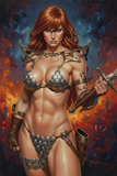 Red Sonja posed with a sword in detailed fantasy artwork