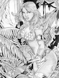 Hand-drawn Red Sonja standing in a jungle