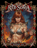 Framed Red Sonja warrior portrait in detailed fantasy style