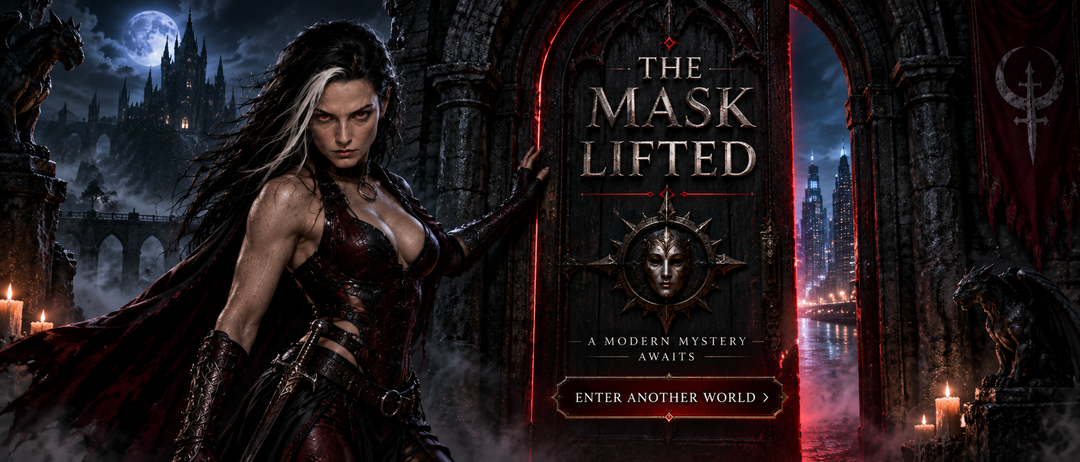 Vespera beside a gothic doorway leading from The Night Huntress into The Mask Lifted